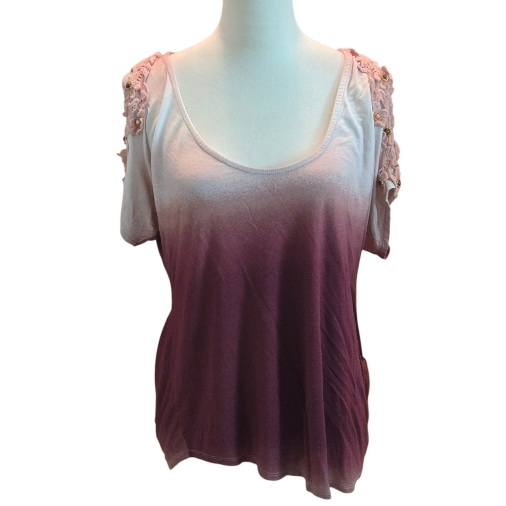 Venus Ombre Pink Top Crochete and Pearls Lace Cold Shoulders Women's L